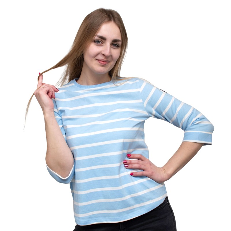 bluzka, koszulka, bawełniana, w paski, w pasy, 3/4 rękaw, modna, wygodna, przyjemna w dotyku, na różne okazje, błękitna,