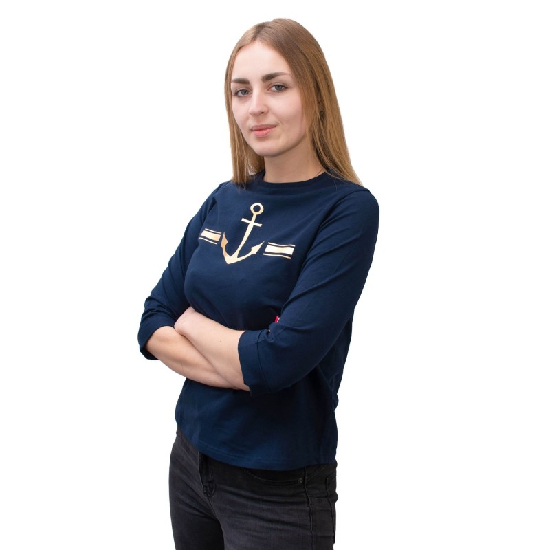 bluzka, koszulka, bawełniana, z kotwicą, granatowa, 3/4 rękaw, modna, wygodna, przyjemna w dotyku, na różne okazje,