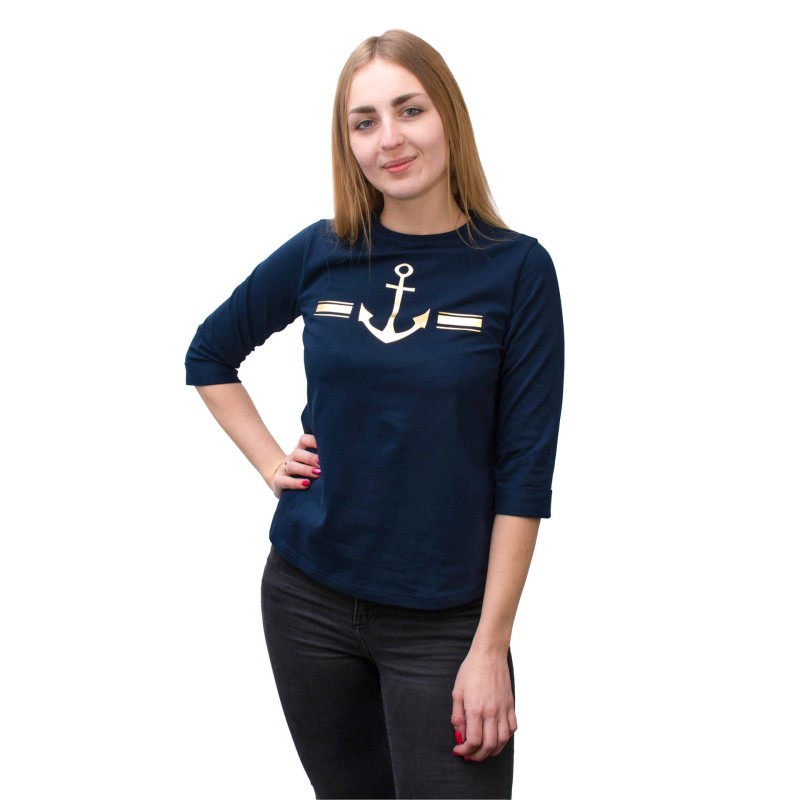 bluzka, koszulka, bawełniana, z kotwicą, granatowa, 3/4 rękaw, modna, wygodna, przyjemna w dotyku, na różne okazje,