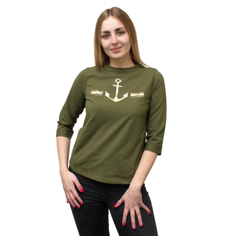bluzka, koszulka, bawełniana, z kotwicą, khaki, 3/4 rękaw, modna, wygodna, przyjemna w dotyku, na różne okazje,