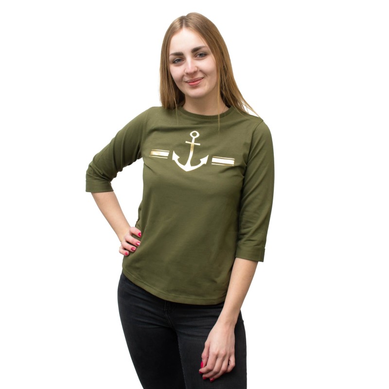 bluzka, koszulka, bawełniana, z kotwicą, khaki, 3/4 rękaw, modna, wygodna, przyjemna w dotyku, na różne okazje,
