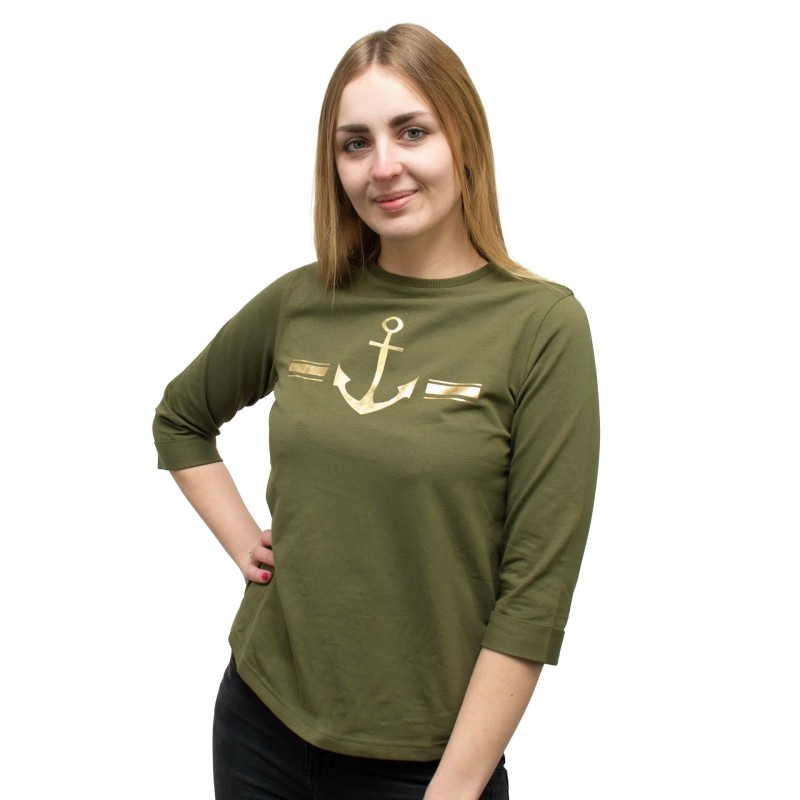 bluzka, koszulka, bawełniana, z kotwicą, khaki, 3/4 rękaw, modna, wygodna, przyjemna w dotyku, na różne okazje,