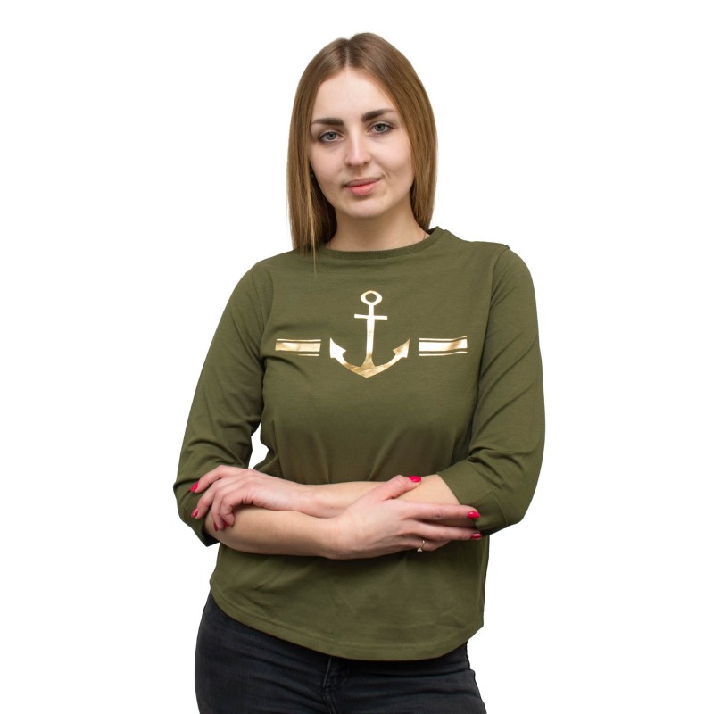 bluzka, koszulka, bawełniana, z kotwicą, khaki, 3/4 rękaw, modna, wygodna, przyjemna w dotyku, na różne okazje,