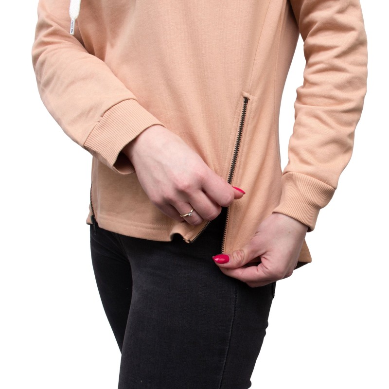 bluza damska, z kapturem, ozdobne zamki, beżowa, wygodna, modna, bawełniana, na różne okazje, beżowa, piaskowa, luźny krój, komfortowa,