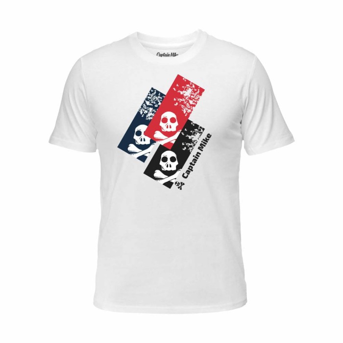 Koszulka męska bawełna turecka biała z nadrukiem czachy, T-shirt Captain Mike