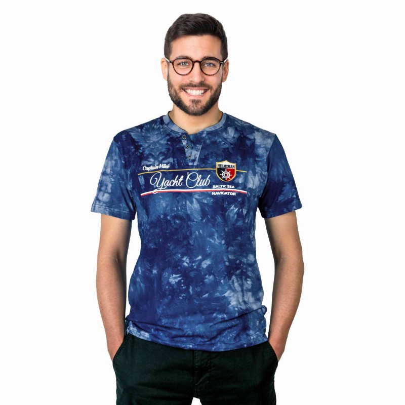 KOSZULKA Męska T-SHIRT Haft DELIKATNA Bawełna CAPTAIN MIKE Niebieska