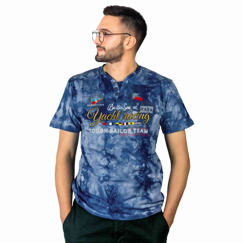 KOSZULKA Męska T-SHIRT Haft DELIKATNA Bawełna CAPTAIN MIKE Niebieska