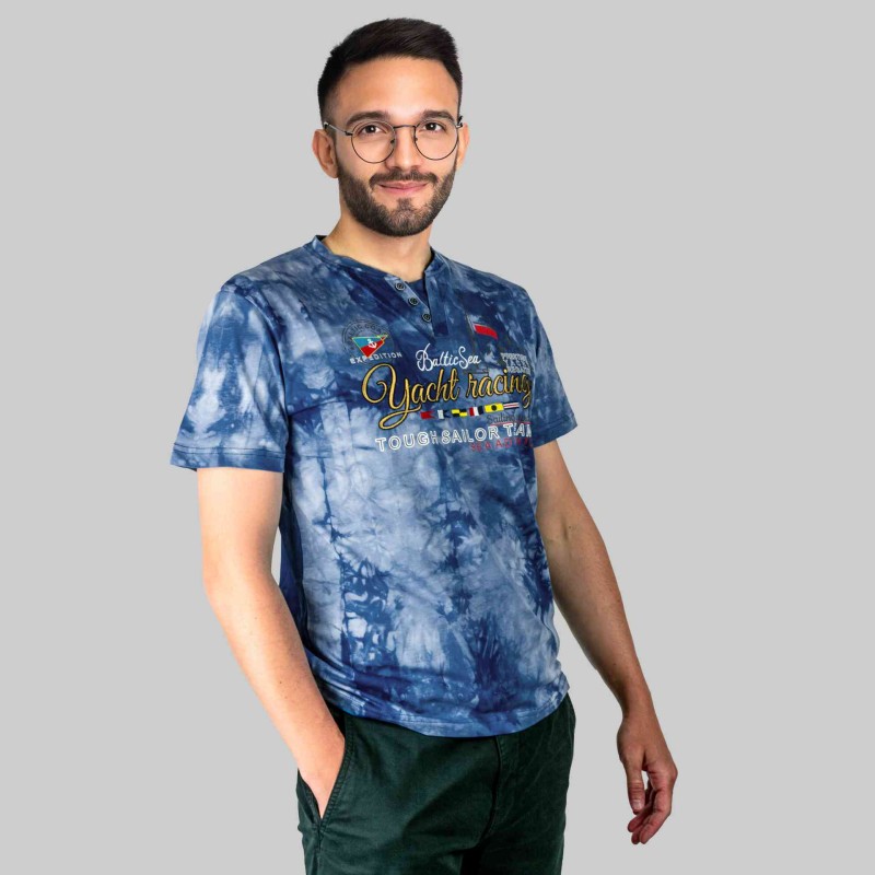 KOSZULKA Męska T-SHIRT Haft DELIKATNA Bawełna CAPTAIN MIKE Niebieska