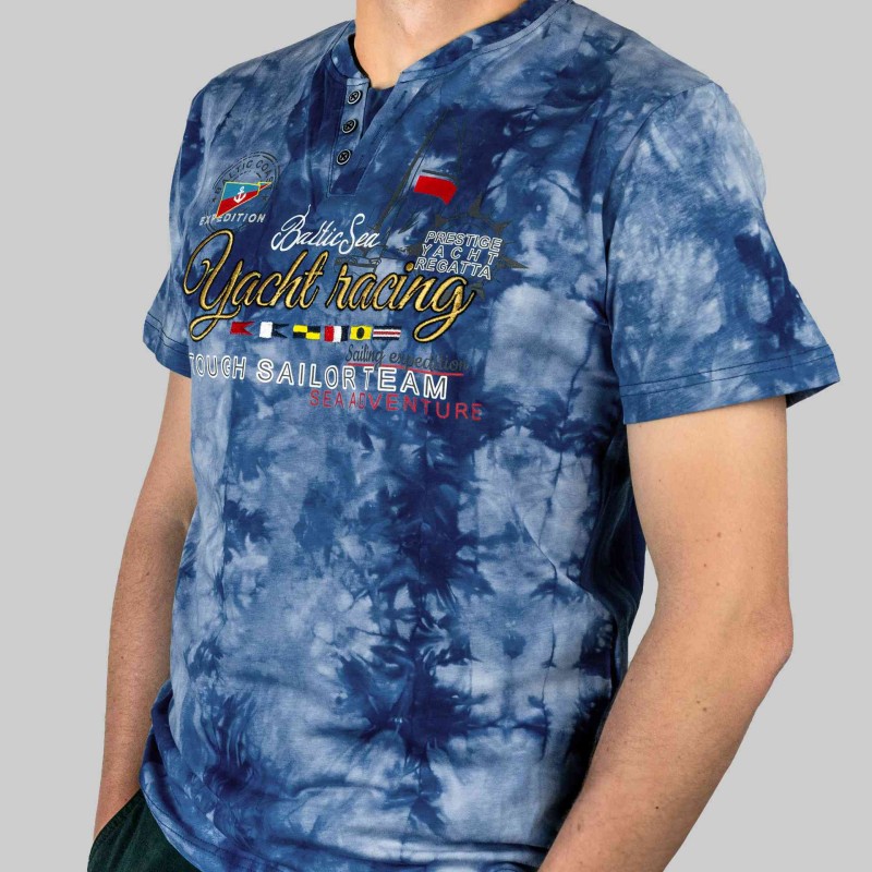 KOSZULKA Męska T-SHIRT Haft DELIKATNA Bawełna CAPTAIN MIKE Niebieska
