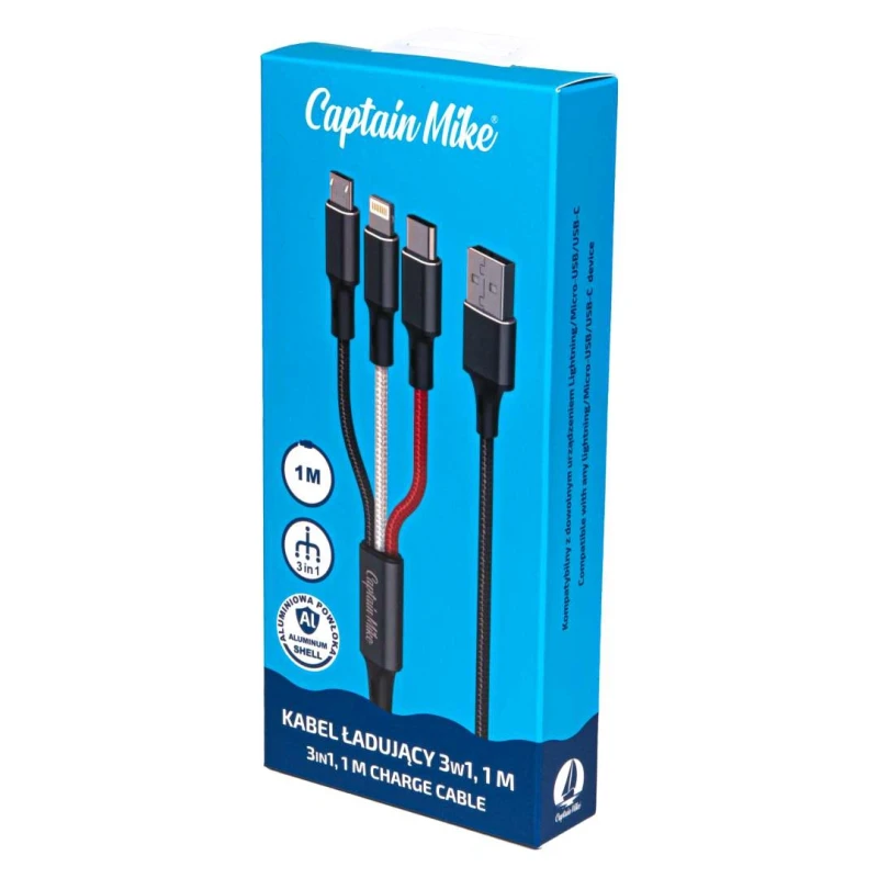 Kabel 3w1 1m USB-C / Micro-USB / Lightning – Wszechstronność w jednym kablu!