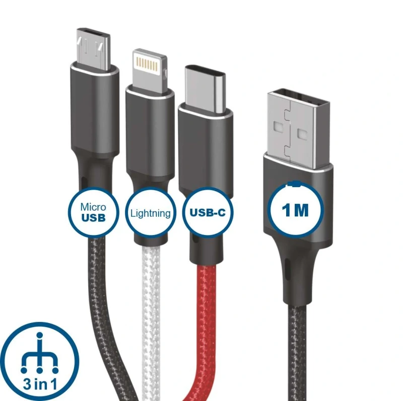 Kabel 3w1 1m USB-C / Micro-USB / Lightning – Wszechstronność w jednym kablu!