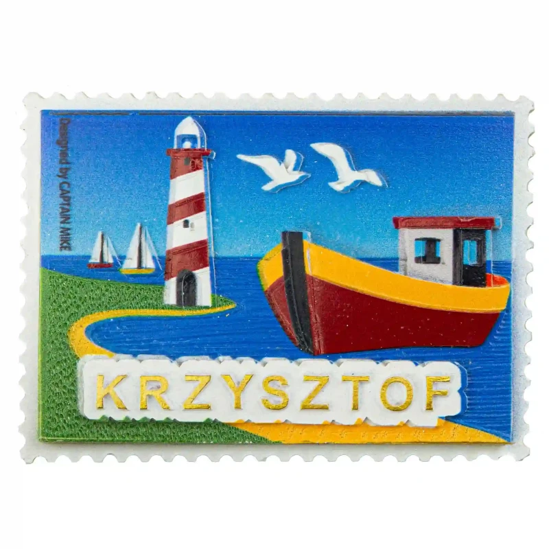 Magnes Imienny w Kształcie Znaczka Pocztowego z Motywem Morskim KRZYSZTOF