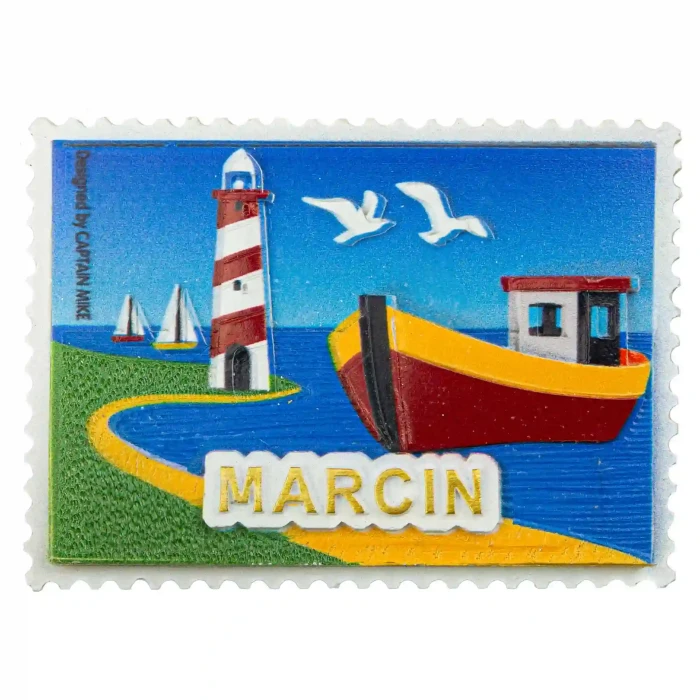 Magnes Imienny w Kształcie Znaczka Pocztowego z Motywem Morskim MARCIN