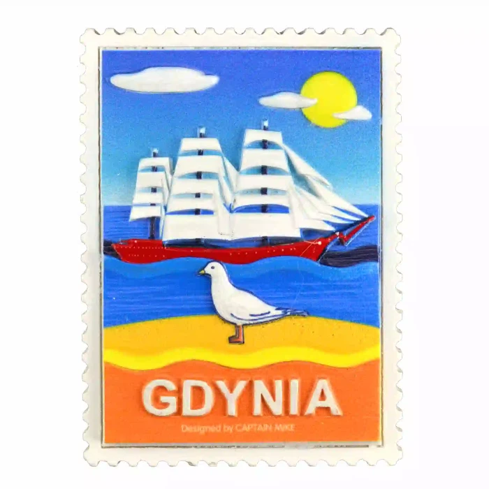Magnes w Kształcie Znaczka Pocztowego z Motywem Morskim GDYNIA