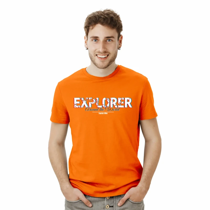Koszulka męska pomarańczowa BAWEŁNA TURECKA z nadrukiem, T-shirt Captain Mike