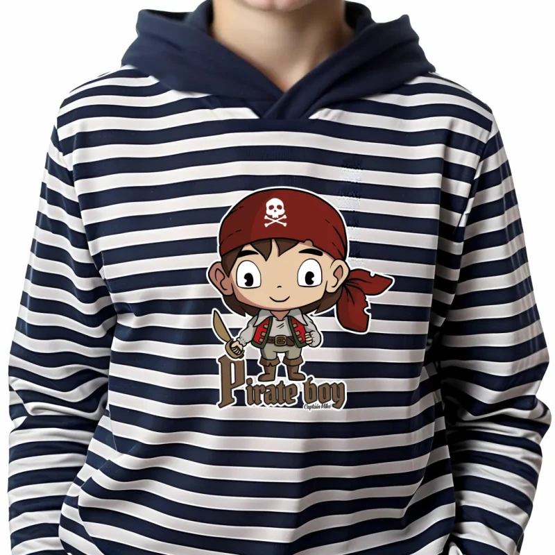 Koszulka dziecięca długi rękaw z kapturem, w paski, z motywem małego pirata Captain Mike