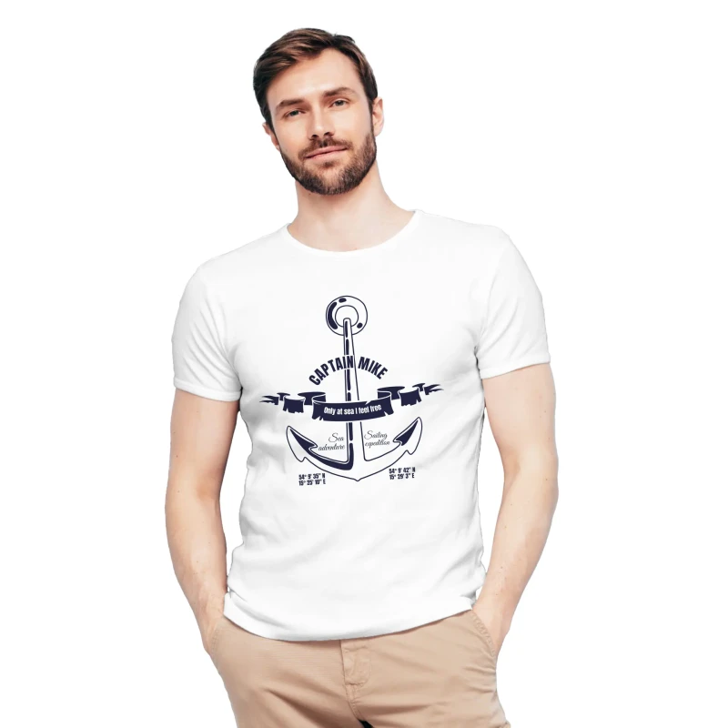 Koszulka męska BAWEŁNA TURECKA biała z nadrukiem, T-shirt Captain Mike