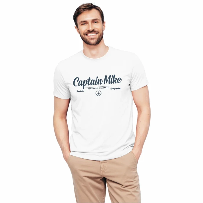 Koszulka męska BAWEŁNA TURECKA biała T-shirt z nadrukiem Captain Mike