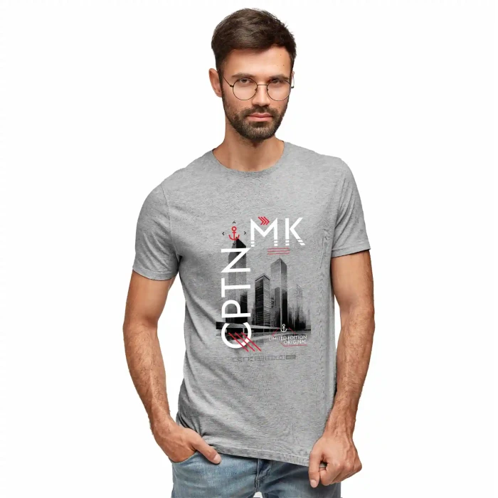 Koszulka męska szara BAWEŁNA TURECKA z nadrukiem T-shirt Captain Mike