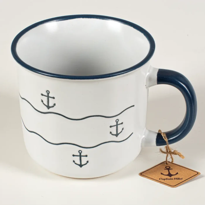 Kubek kamionkowy ceramiczny biały z motywem kotwic Captain Mike 400 ml