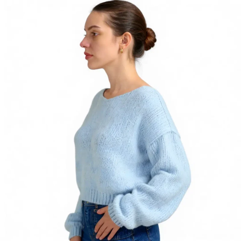 Ciepły sweter damski niebieski oversize miękki elegancki, klasyczny dekolt Captain Mike
