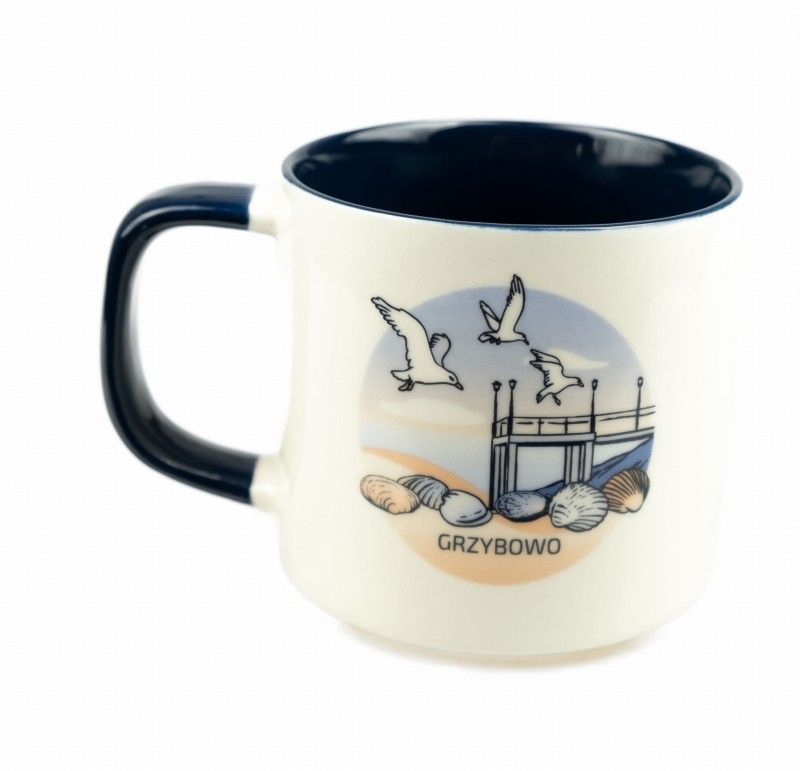 Grzybowo, kubek, kolekcjonerski, znad morza, prezent, pamiątka, morski, do kawy, do herbaty, do pracy, bałtyk, morski, ceramiczny