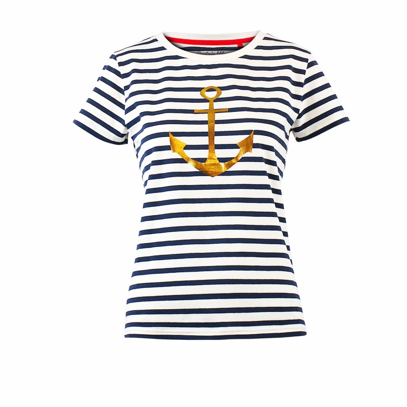 certyfikat OEKO-TEX, koszulka, damska, t-shirt, bawełniana, elastyczna, markowa, kardio, dopasowany krój, wygodna na rożne okazje, na lato, na jesień, na wiosnę, KOTWICA, w paski, marynarska