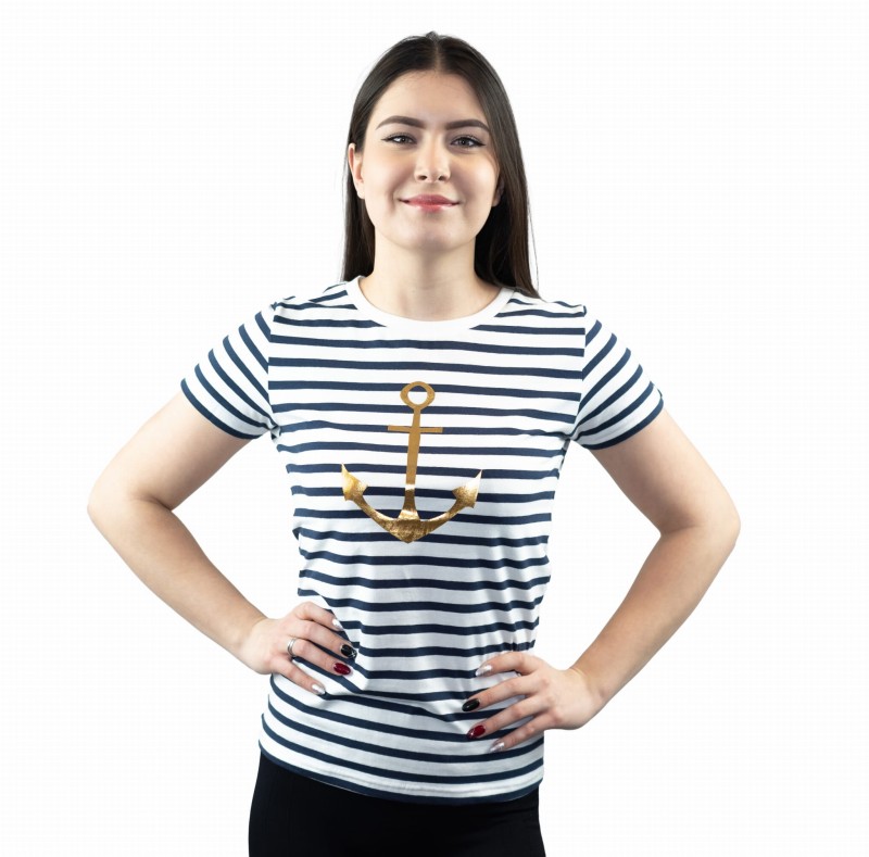 certyfikat OEKO-TEX, koszulka, damska, t-shirt, bawełniana, elastyczna, markowa, kardio, dopasowany krój, wygodna na rożne okazje, na lato, na jesień, na wiosnę, KOTWICA, w paski, marynarska